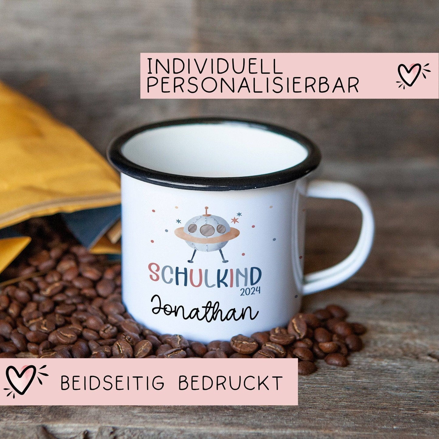 Kindertasse Schulkind 2024 mit UFO-Weltraum-Motiv - personalisierte Emaille-Tasse mit Namen - ideales Einschulungsgeschenk  kleinebuchstaben   