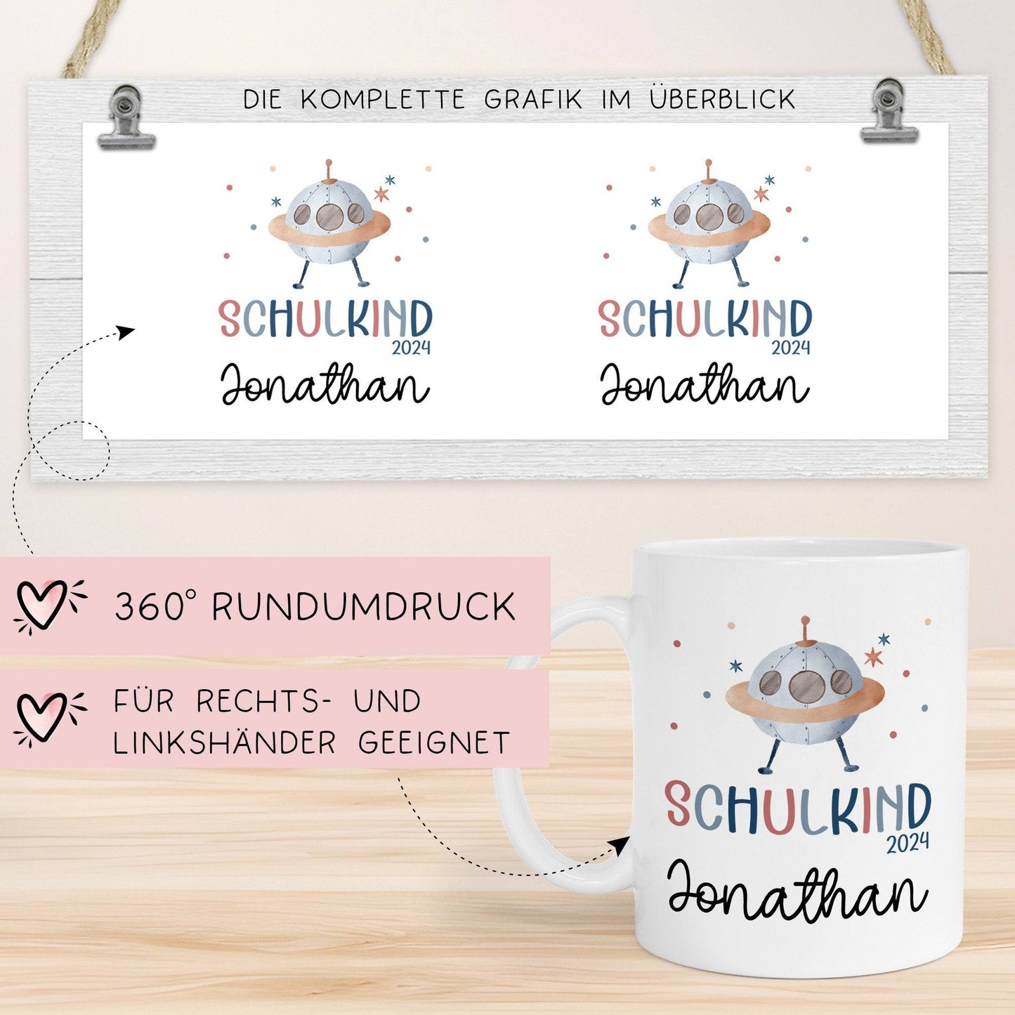 Kindertasse Schulkind 2024 mit UFO-Weltraum-Motiv - personalisierte Kakao Tasse mit Namen - ideales Einschulungsgeschenk  kleinebuchstaben   