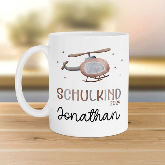 Kindertasse Schulkind mit Hubschrauber-Motiv - personalisierte Kakao Tasse mit Namen - ideales Kindergeschirr - perfektes Geschenk Kinder  kleinebuchstaben   