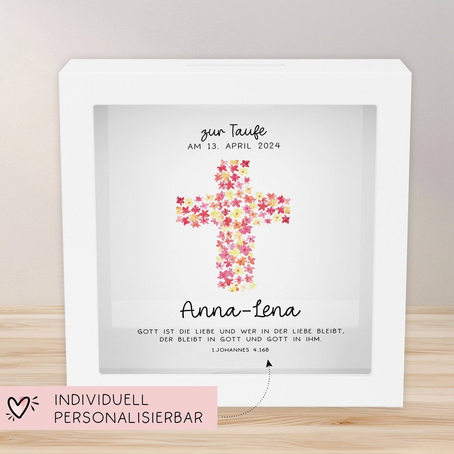 Kreuz Pink Holz Spardose Taufe personalisiert mit Namen zur Geburt Kommunion Konfirmation eines Kindes mit Taufspruch als Geldgeschenk  kleinebuchstaben   