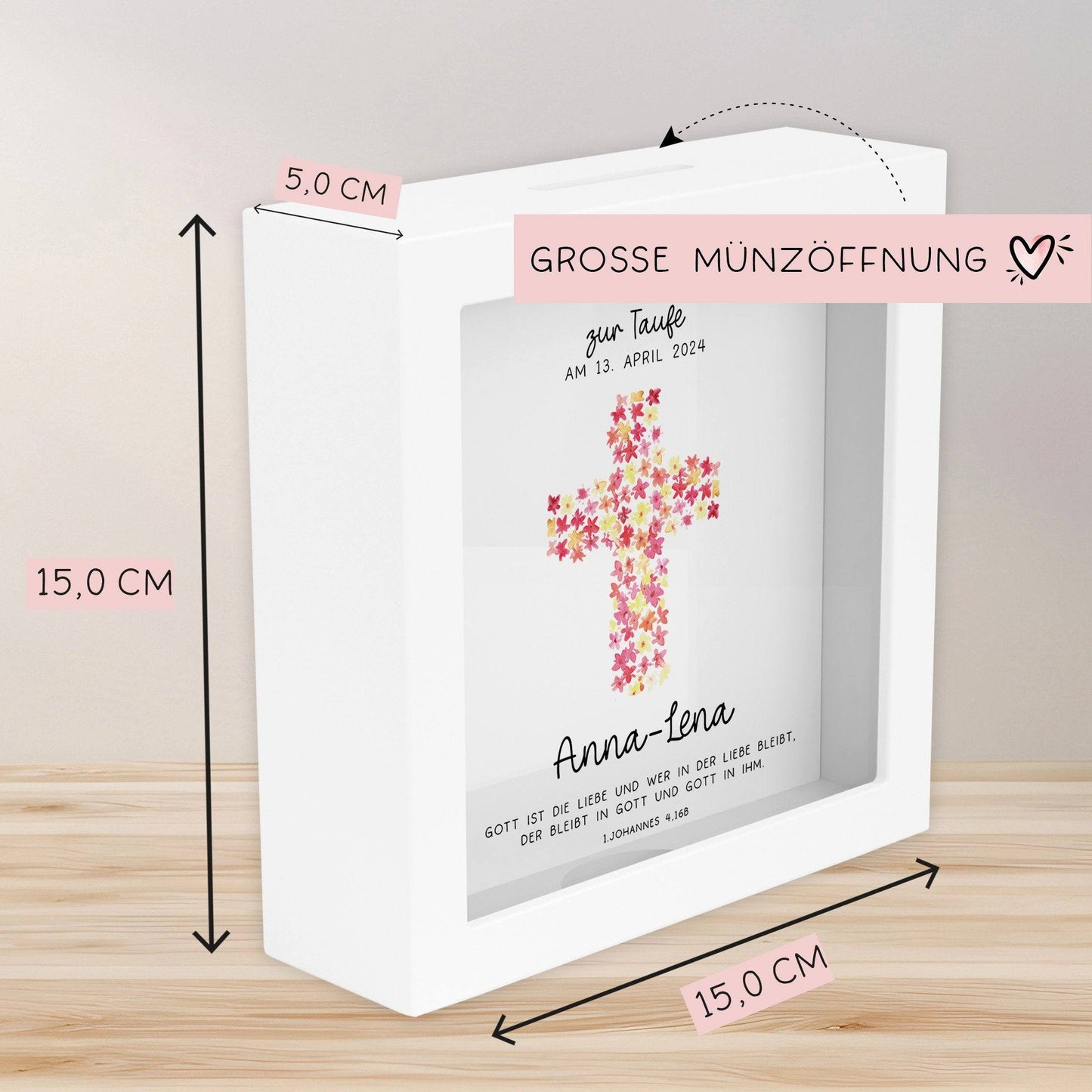 Kreuz Pink Holz Spardose Taufe personalisiert mit Namen zur Geburt Kommunion Konfirmation eines Kindes mit Taufspruch als Geldgeschenk  kleinebuchstaben   