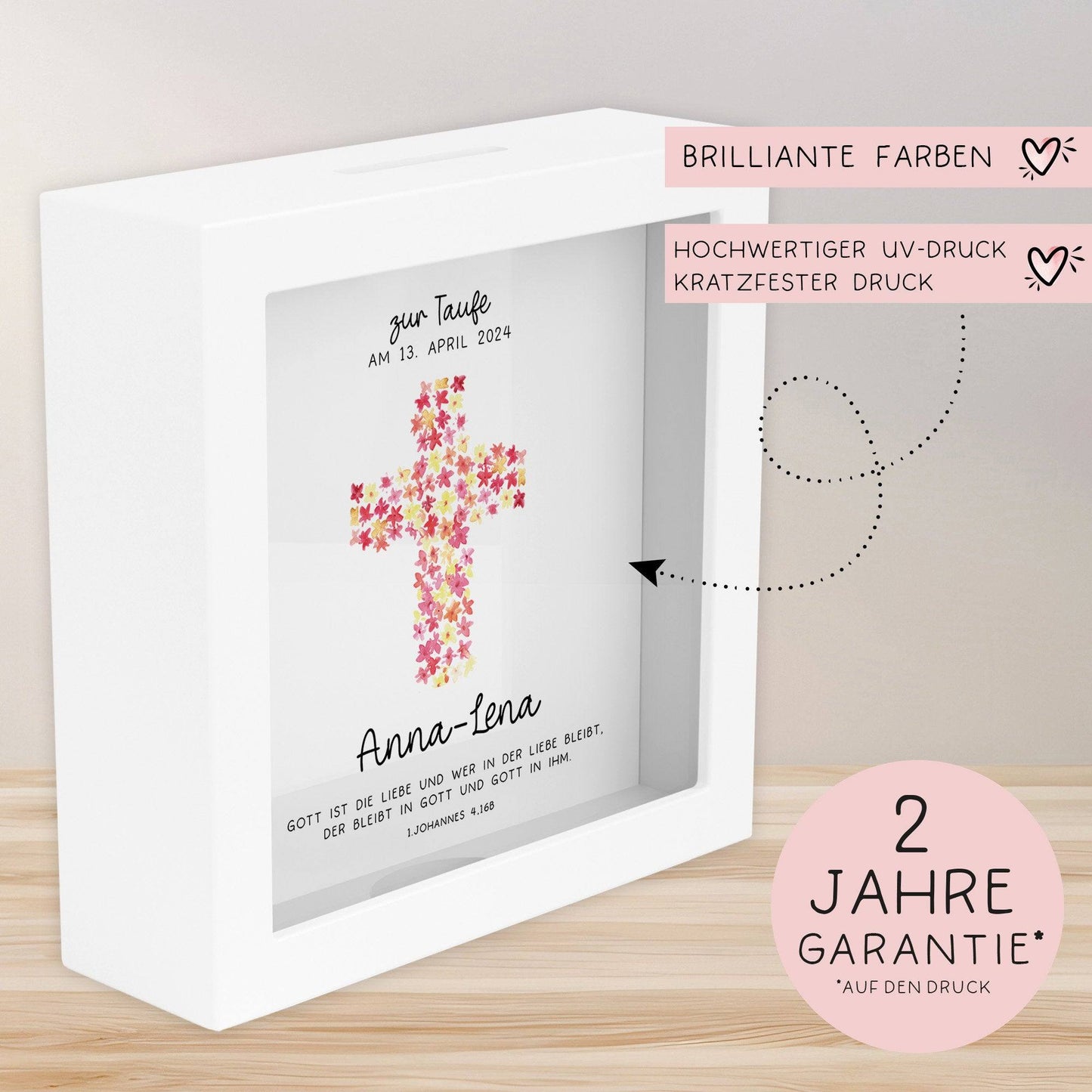 Kreuz Pink Holz Spardose Taufe personalisiert mit Namen zur Geburt Kommunion Konfirmation eines Kindes mit Taufspruch als Geldgeschenk  kleinebuchstaben   