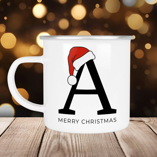 Personalisierte Emaille Tasse Weihnachten - Frohe Weihnachten - Merry Christmas - mit Anfangsbuchstabe und Wunschnamen - Nikolaus - Becher  kleinebuchstaben   