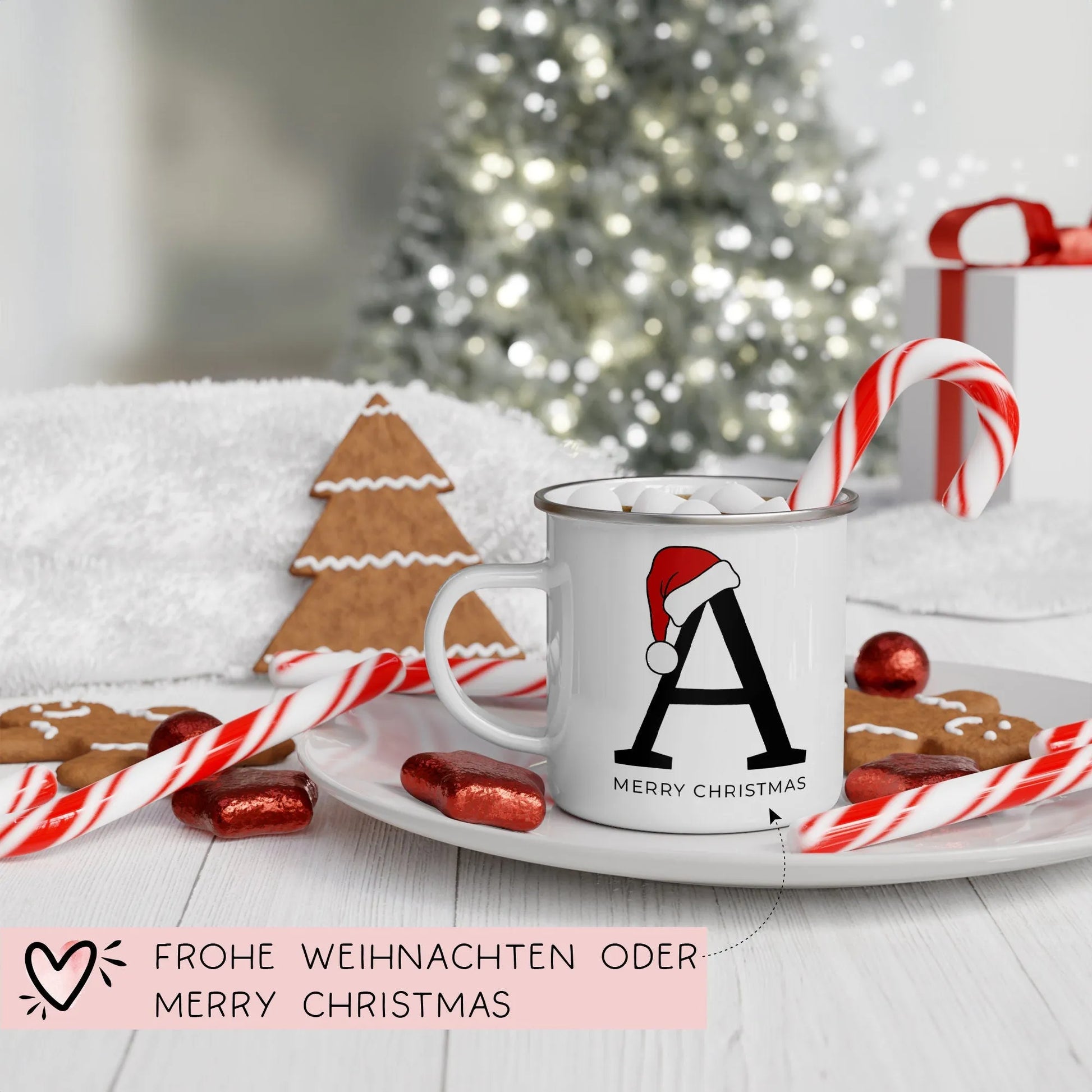 Personalisierte Emaille Tasse Weihnachten - Frohe Weihnachten - Merry Christmas - mit Anfangsbuchstabe und Wunschnamen - Nikolaus - Becher  kleinebuchstaben   