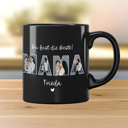 Personalisierte Foto Tasse Mama personalisiert zum Muttertag Weihnachten - Fototasse mit eigenen Bildern selbst gestalten - Geschenk - 325ml  kleinebuchstaben mit Namen Komplett Schwarz 