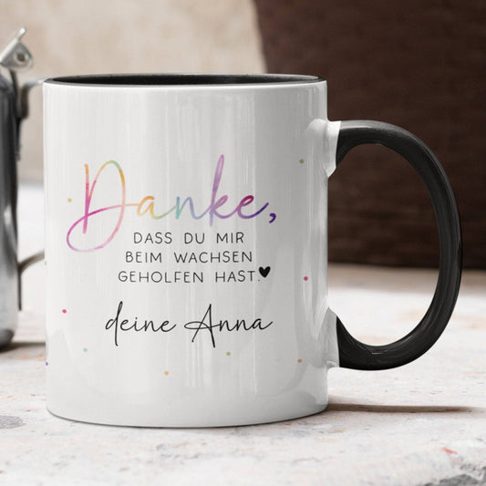 Personalisierte Tasse - Danke dass du mir beim wachsen geholfen hast - Kindergarten Abschied - Tasse Erzieherin - Wunschnamen - Geschenk  kleinebuchstaben Innen & Henkel - Schwarz  