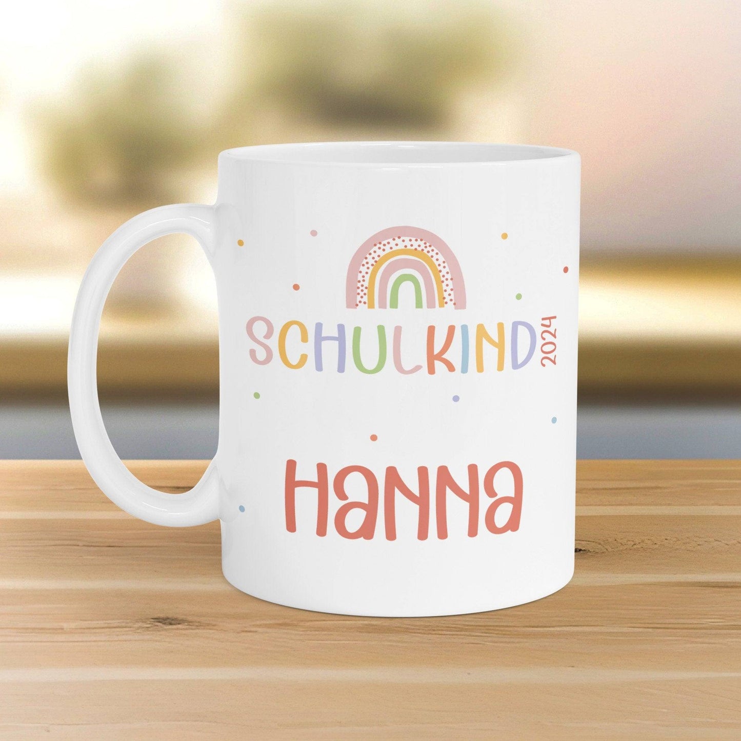 Regenbogen Kindertasse Schulkind 2024 Name Kakao Tasse Kind Kindergeschirr personalisiert Kinder Geschenk Geburtstagsgeschenk  kleinebuchstaben   