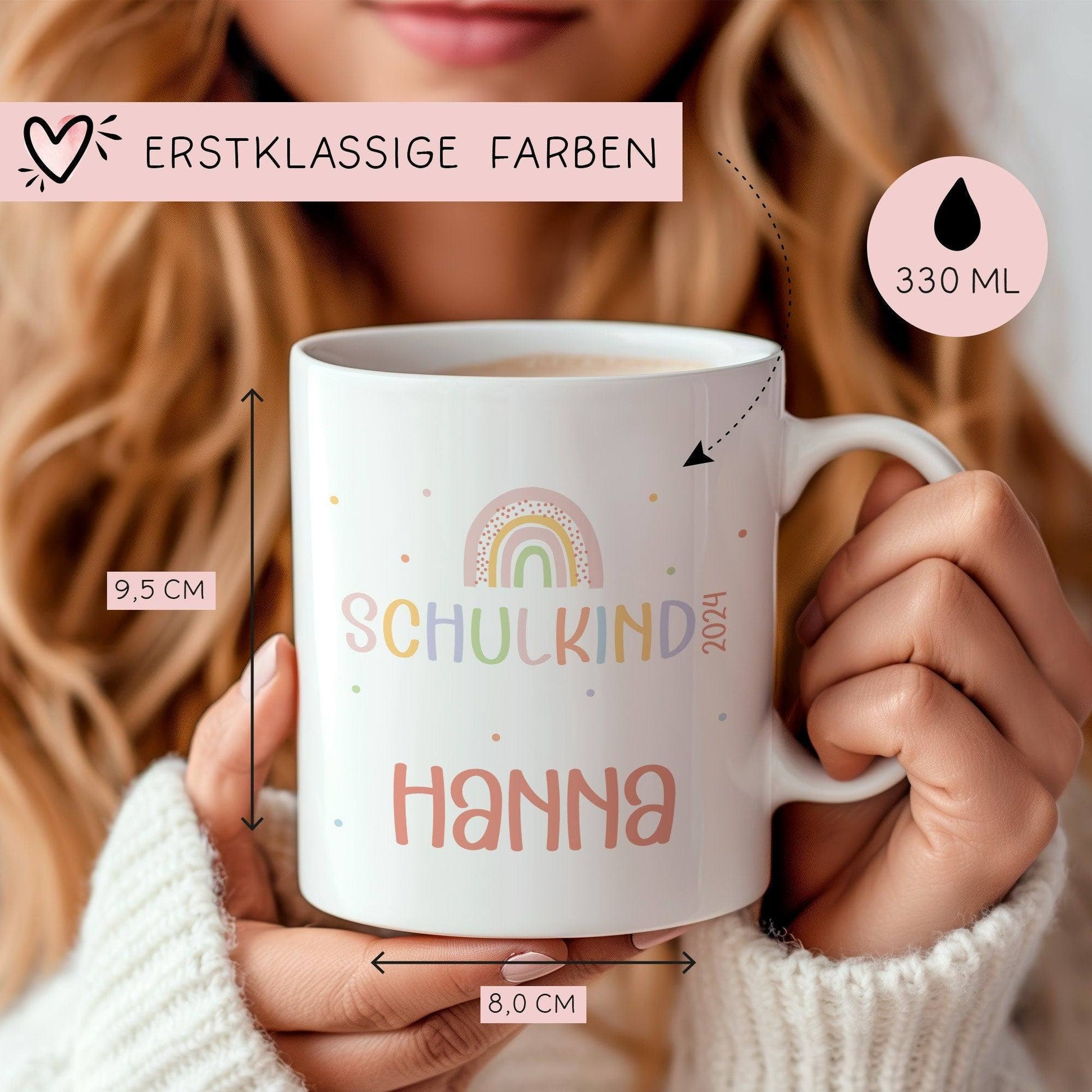 Regenbogen Kindertasse Schulkind 2024 Name Kakao Tasse Kind Kindergeschirr personalisiert Kinder Geschenk Geburtstagsgeschenk  kleinebuchstaben   