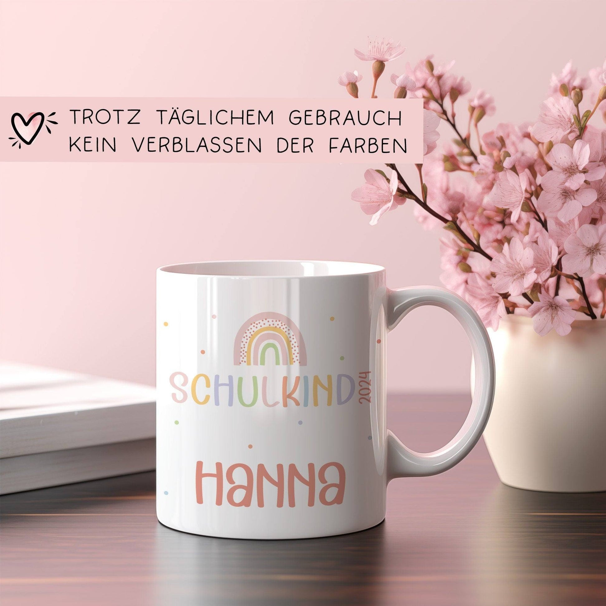Regenbogen Kindertasse Schulkind 2024 Name Kakao Tasse Kind Kindergeschirr personalisiert Kinder Geschenk Geburtstagsgeschenk  kleinebuchstaben   