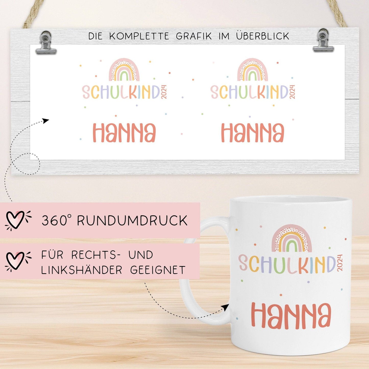 Regenbogen Kindertasse Schulkind 2024 Name Kakao Tasse Kind Kindergeschirr personalisiert Kinder Geschenk Geburtstagsgeschenk  kleinebuchstaben   