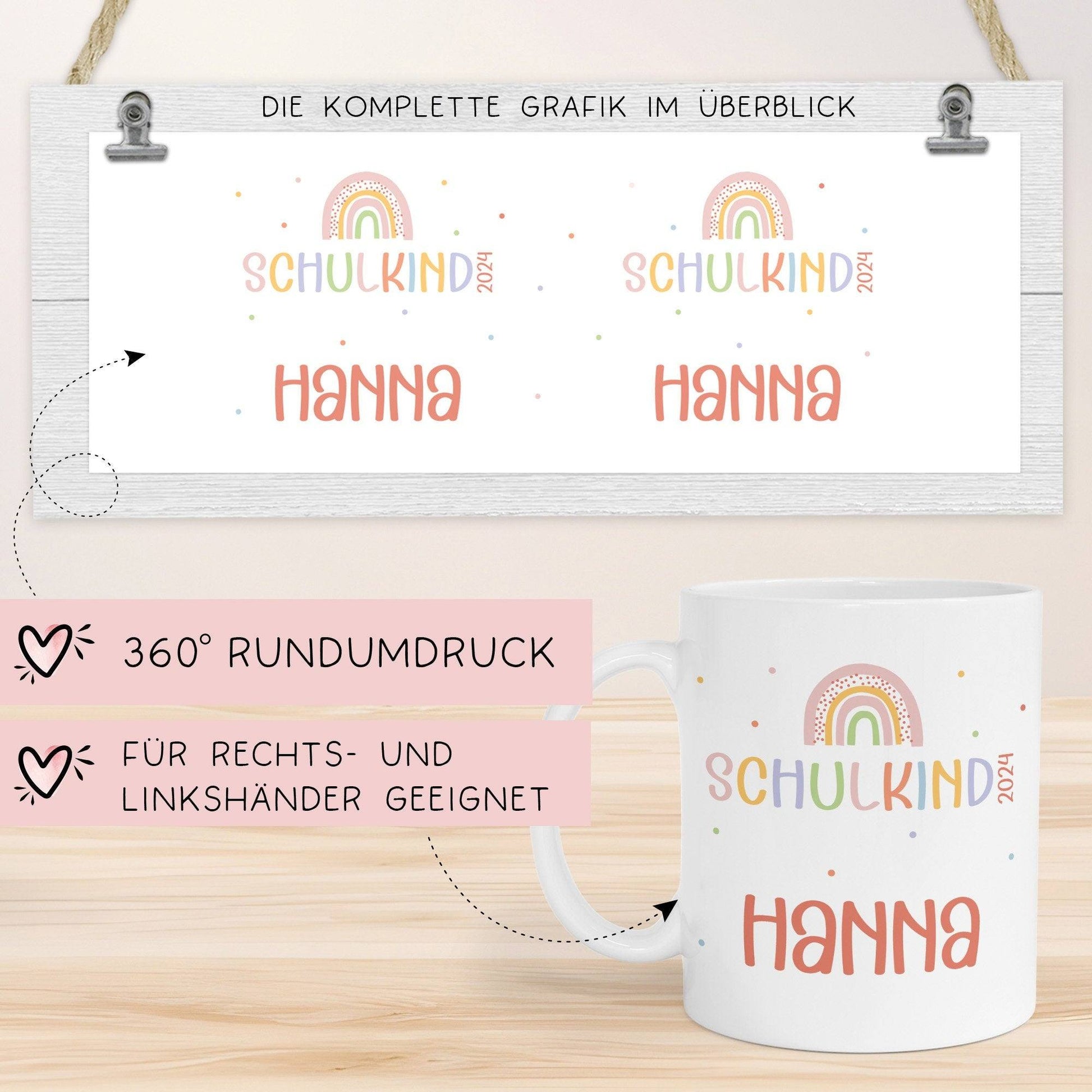 Regenbogen Kindertasse Schulkind 2024 Name Kakao Tasse Kind Kindergeschirr personalisiert Kinder Geschenk Geburtstagsgeschenk  kleinebuchstaben   
