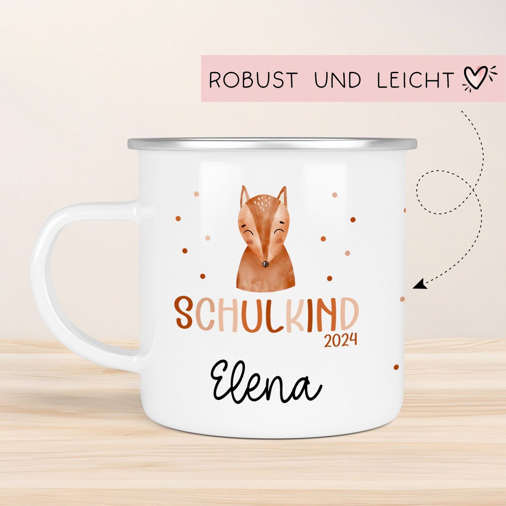 Schulanfang  Kindertasse Schulkind Fuchs Name Emaille Tasse Kind Kindergeschirr personalisiert Kinder Geschenk Geburtstagsgeschenk  kleinebuchstaben   