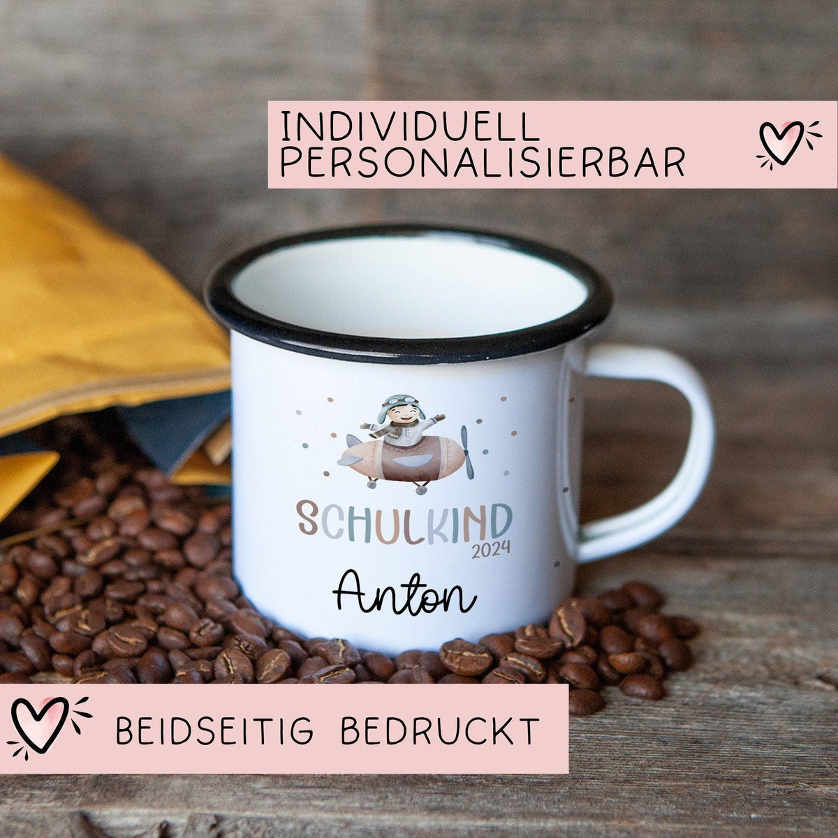 Schulanfang Kindertasse Schulkind mit Flugzeug-Motiv - personalisierte Emaille-Tasse mit Namen - ideales Kindergeschirr