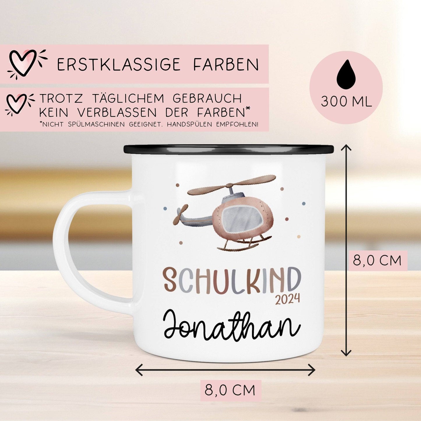 Schulanfang Kindertasse Schulkind mit Hubschrauber-Motiv - personalisierte Emaille-Tasse mit Namen - ideales Kindergeschirr  kleinebuchstaben   