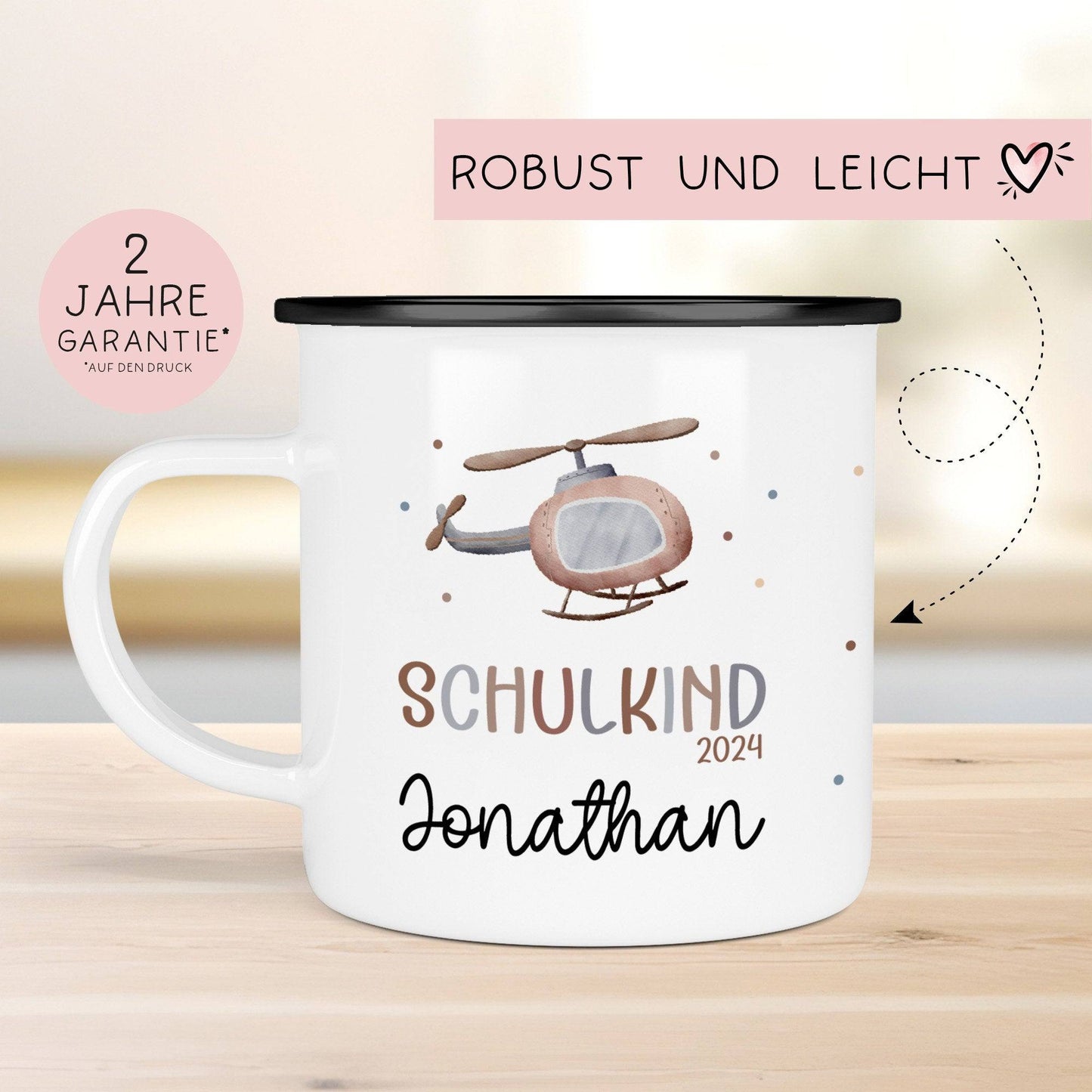 Schulanfang Kindertasse Schulkind mit Hubschrauber-Motiv - personalisierte Emaille-Tasse mit Namen - ideales Kindergeschirr  kleinebuchstaben   