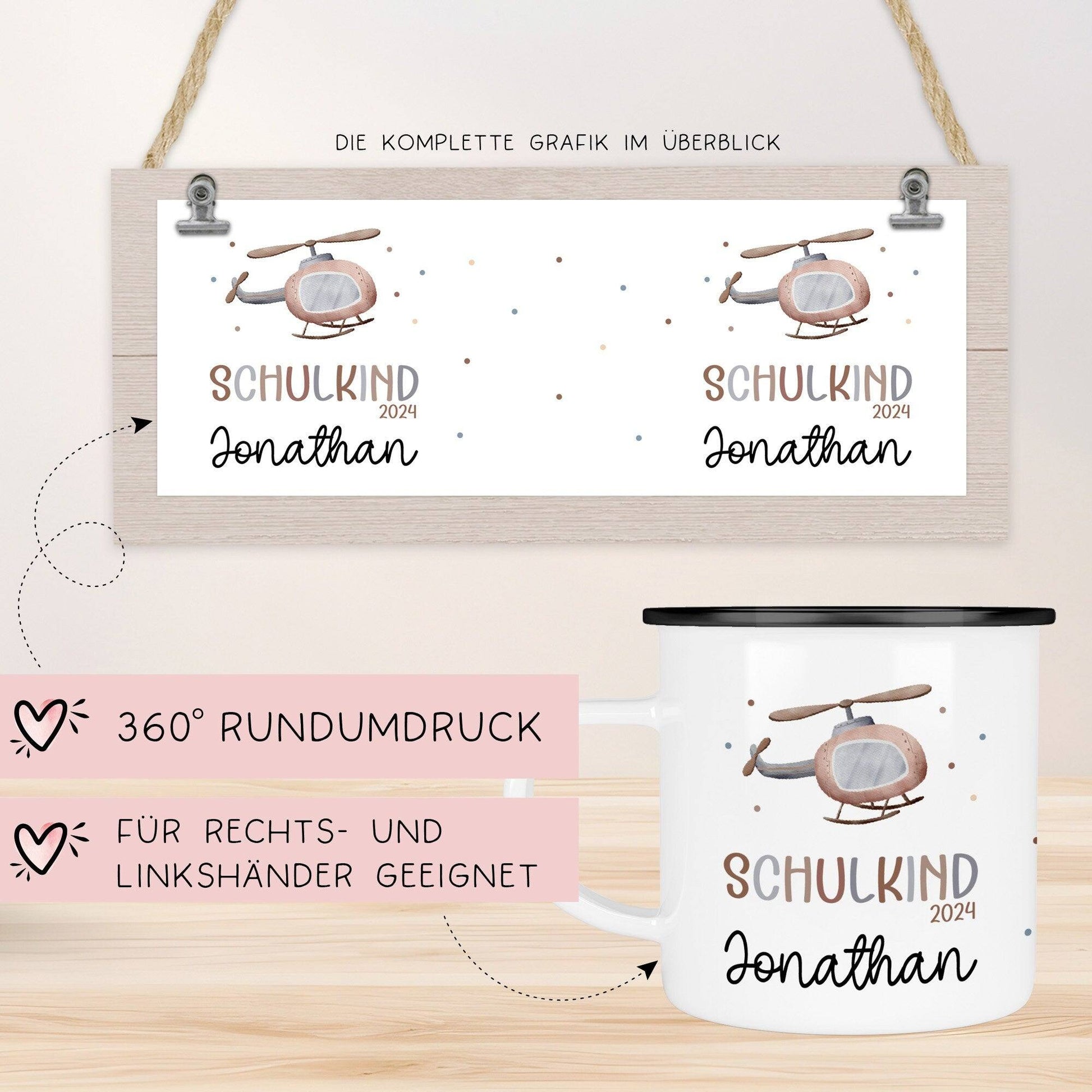 Schulanfang Kindertasse Schulkind mit Hubschrauber-Motiv - personalisierte Emaille-Tasse mit Namen - ideales Kindergeschirr  kleinebuchstaben   