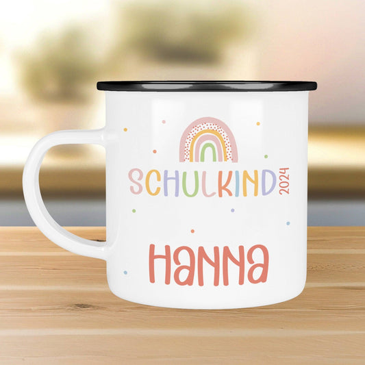 Schulanfang Regenbogen Kindertasse 2024 Schulkind Name Emaille Tasse Kind Kindergeschirr personalisiert Kinder Geschenk  kleinebuchstaben   