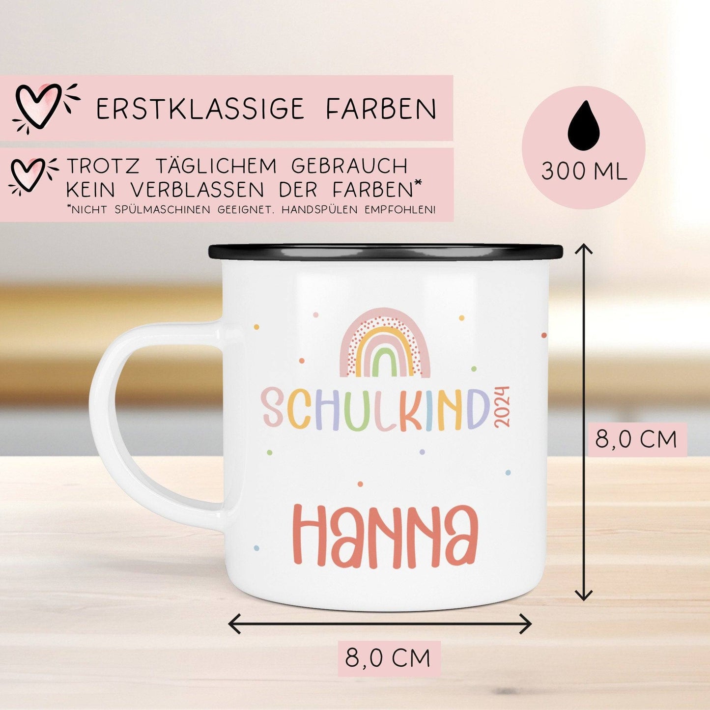 Schulanfang Regenbogen Kindertasse 2024 Schulkind Name Emaille Tasse Kind Kindergeschirr personalisiert Kinder Geschenk  kleinebuchstaben   