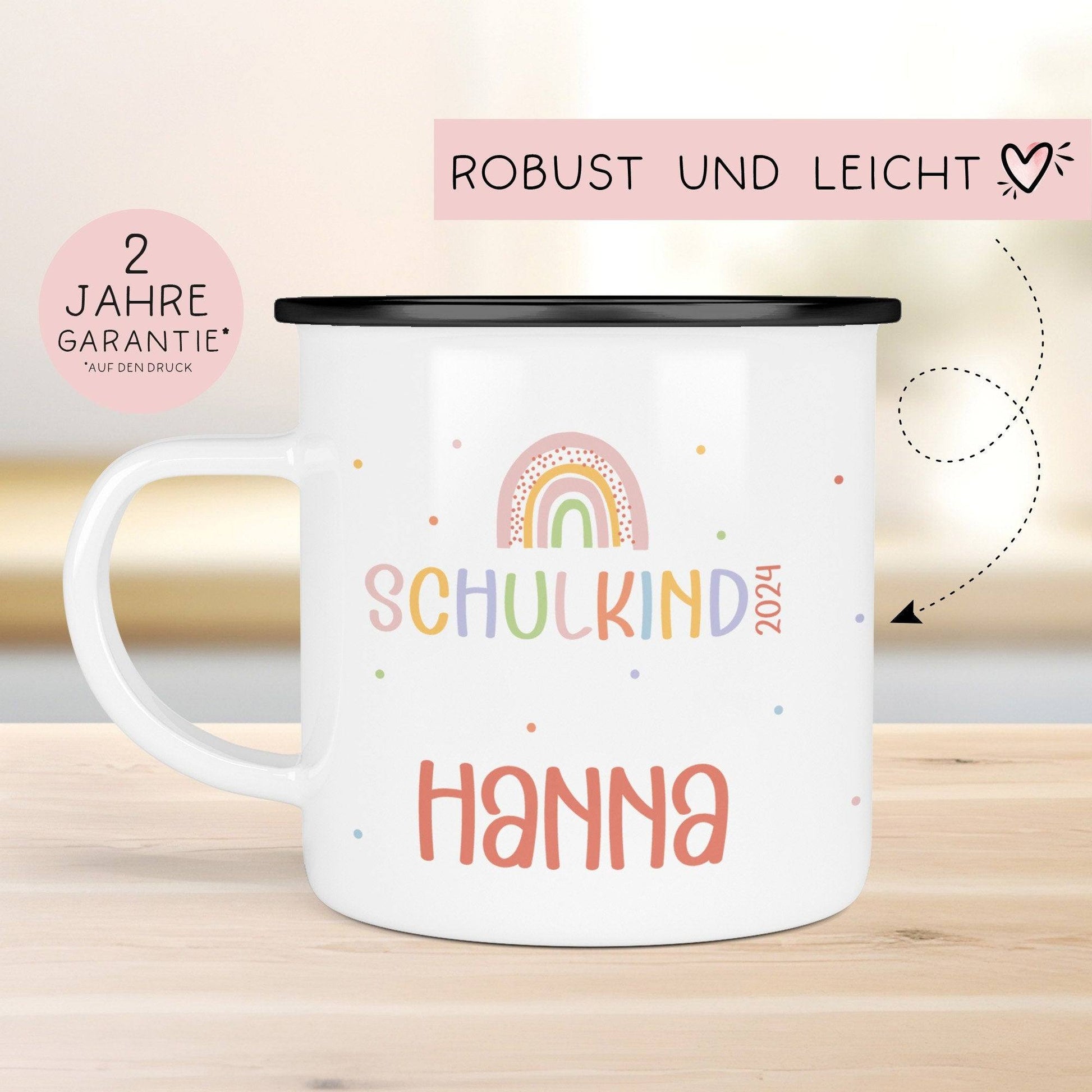 Schulanfang Regenbogen Kindertasse 2024 Schulkind Name Emaille Tasse Kind Kindergeschirr personalisiert Kinder Geschenk  kleinebuchstaben   