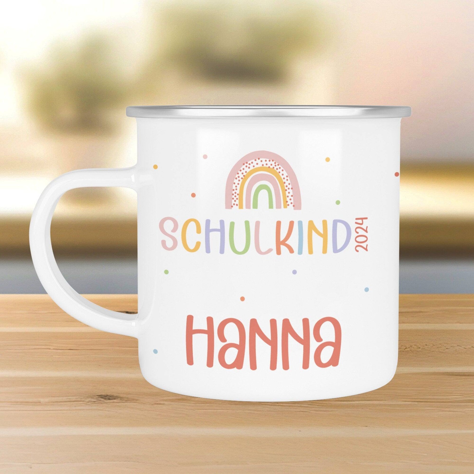 Schulanfang Regenbogen Kindertasse Schulkind Name Emaille Tasse Kind Kindergeschirr personalisiert Kinder Geschenk Geburtstagsgeschenk  kleinebuchstaben   