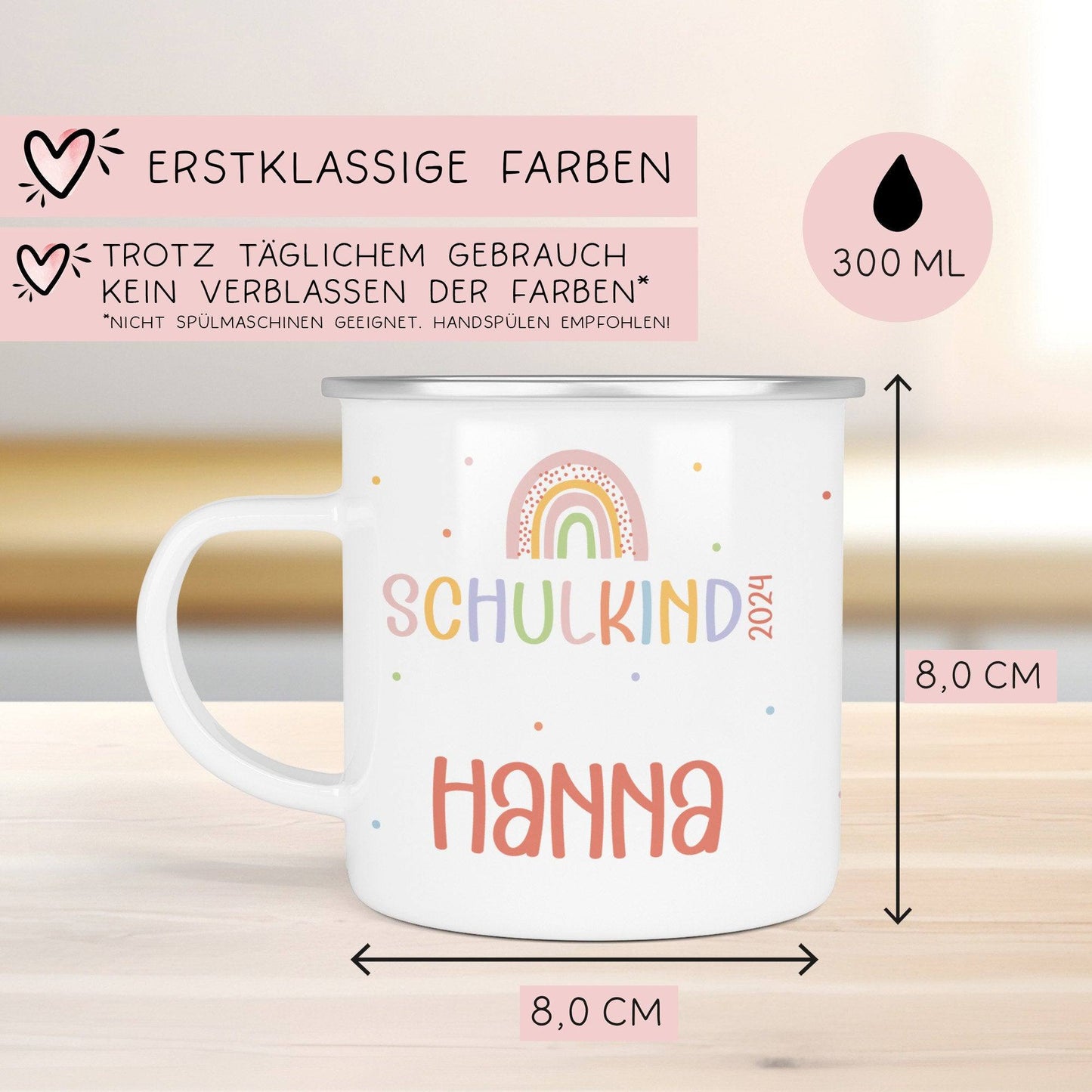Schulanfang Regenbogen Kindertasse Schulkind Name Emaille Tasse Kind Kindergeschirr personalisiert Kinder Geschenk Geburtstagsgeschenk  kleinebuchstaben   