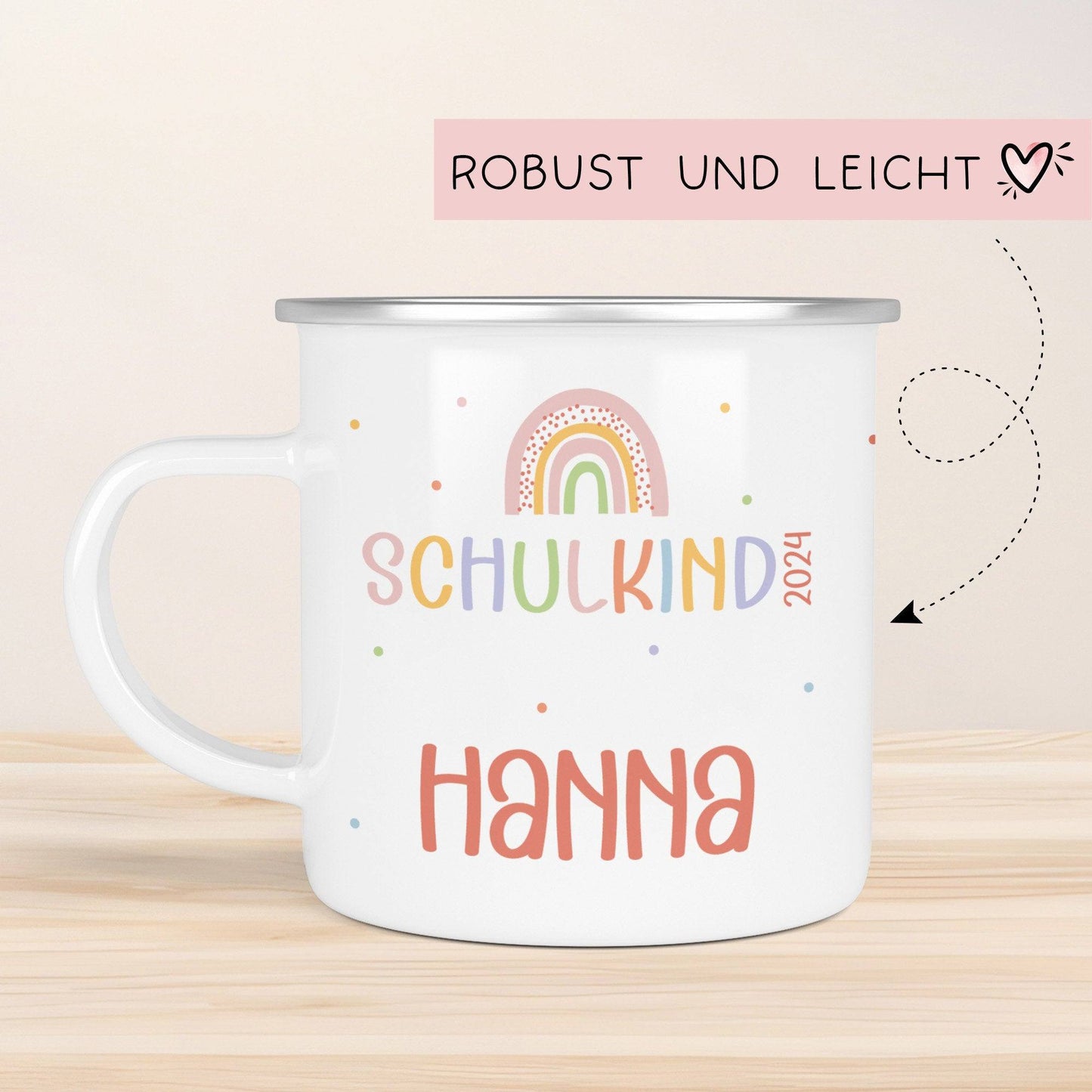 Schulanfang Regenbogen Kindertasse Schulkind Name Emaille Tasse Kind Kindergeschirr personalisiert Kinder Geschenk Geburtstagsgeschenk  kleinebuchstaben   