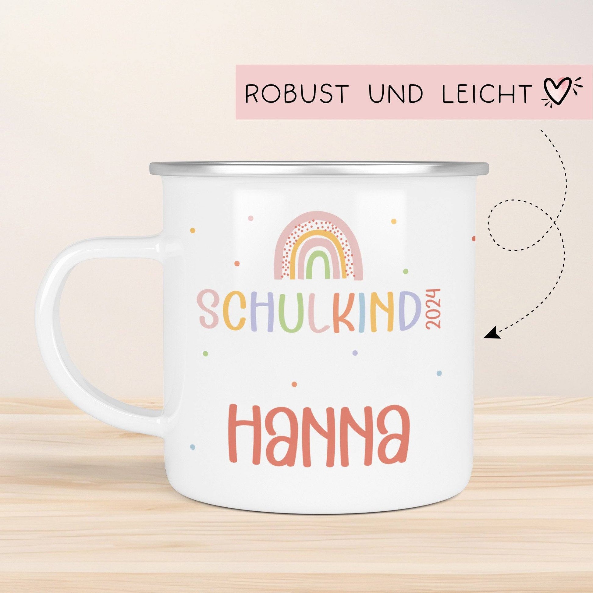 Schulanfang Regenbogen Kindertasse Schulkind Name Emaille Tasse Kind Kindergeschirr personalisiert Kinder Geschenk Geburtstagsgeschenk  kleinebuchstaben   