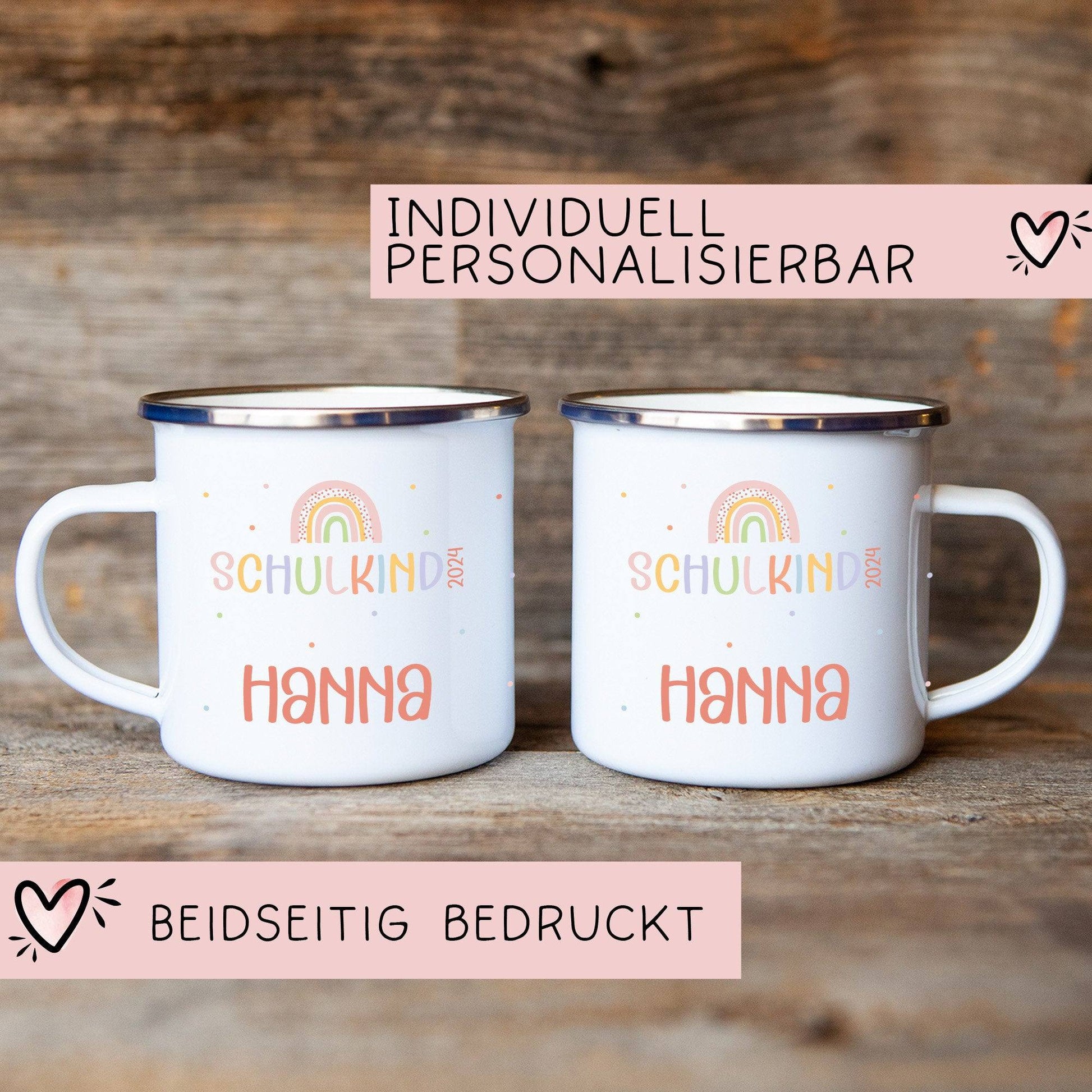 Schulanfang Regenbogen Kindertasse Schulkind Name Emaille Tasse Kind Kindergeschirr personalisiert Kinder Geschenk Geburtstagsgeschenk  kleinebuchstaben   