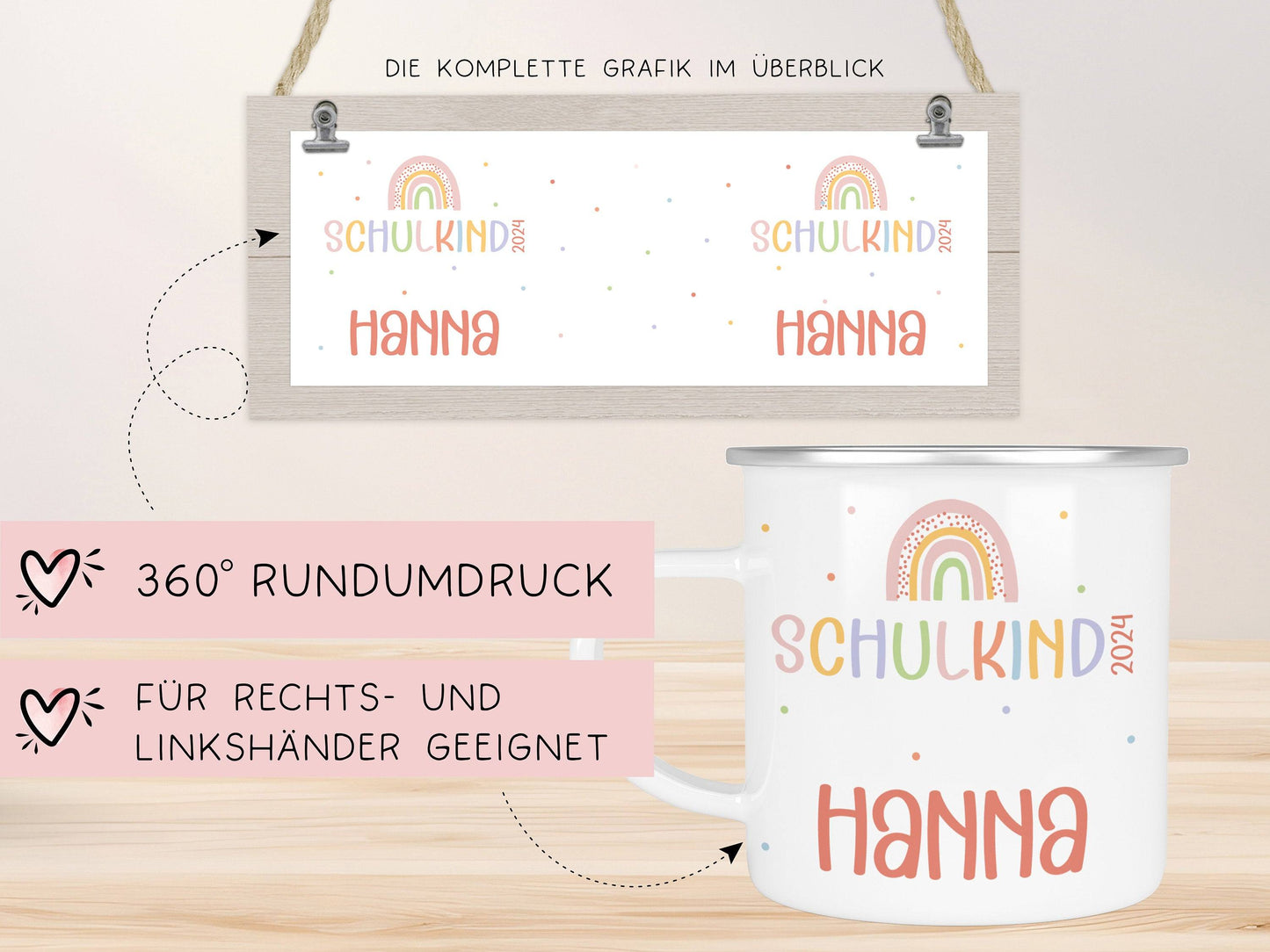 Schulanfang Regenbogen Kindertasse Schulkind Name Emaille Tasse Kind Kindergeschirr personalisiert Kinder Geschenk Geburtstagsgeschenk  kleinebuchstaben   