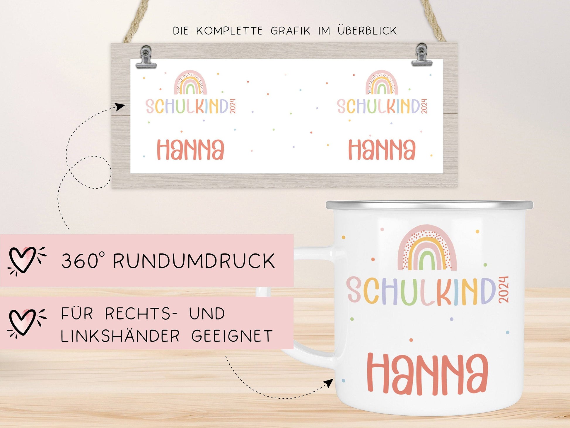 Schulanfang Regenbogen Kindertasse Schulkind Name Emaille Tasse Kind Kindergeschirr personalisiert Kinder Geschenk Geburtstagsgeschenk  kleinebuchstaben   