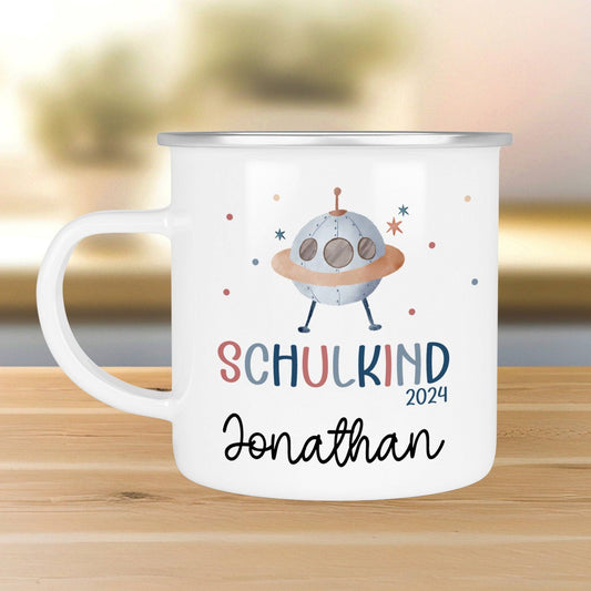 Schulanfang  Ufo Weltraum Kindertasse Schulkind Name Emaille Tasse Kind Kindergeschirr personalisiert Kinder Geschenk  kleinebuchstaben   