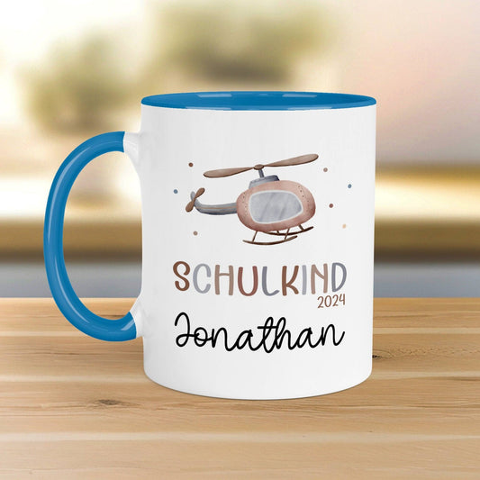 Schulkind 2024 Kindertasse Hubschrauber-Motiv - personalisierte Kakao Tasse mit Namen - ideales Kindergeschirr - perfektes Geschenk Kinder  kleinebuchstaben   