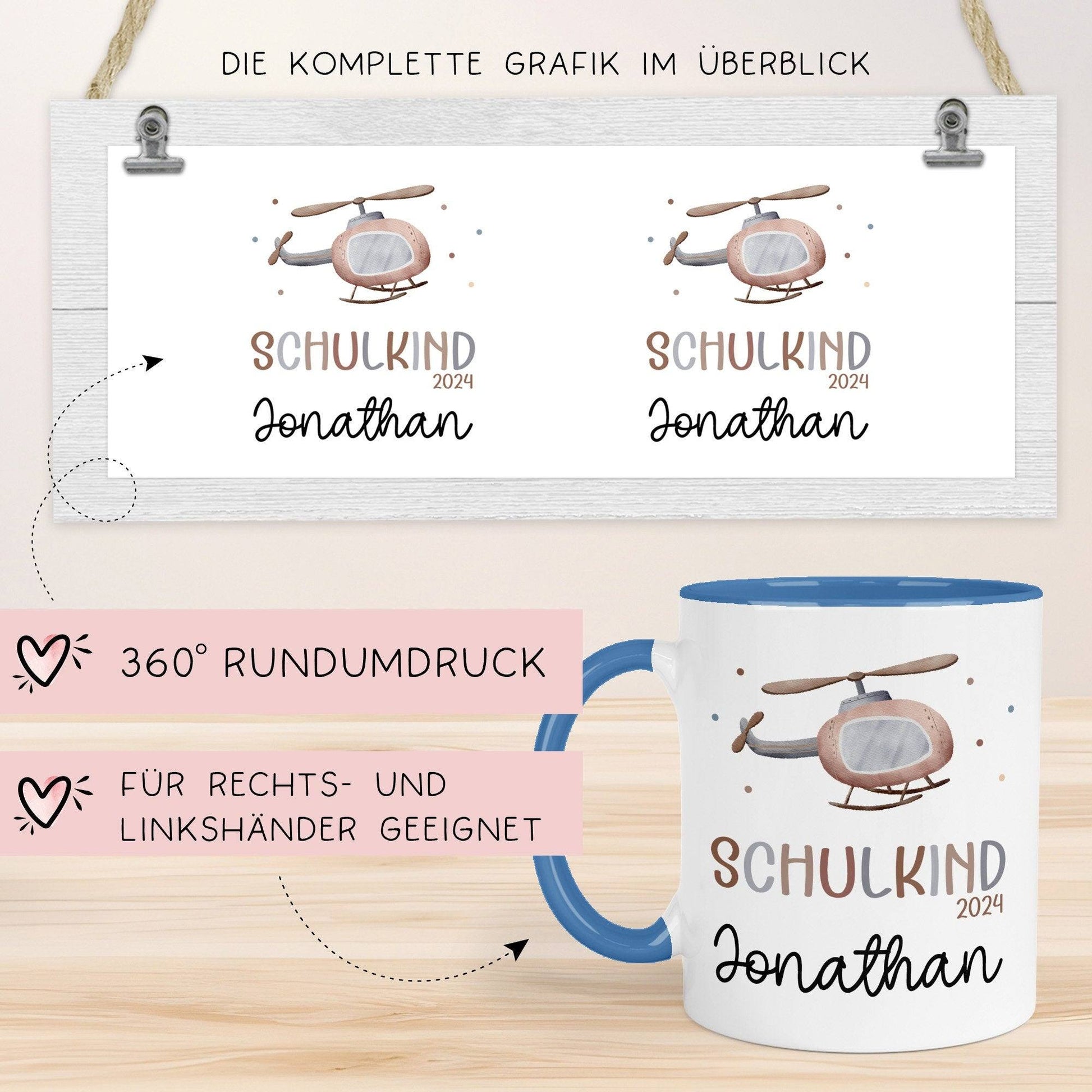 Schulkind 2024 Kindertasse Hubschrauber-Motiv - personalisierte Kakao Tasse mit Namen - ideales Kindergeschirr - perfektes Geschenk Kinder  kleinebuchstaben   