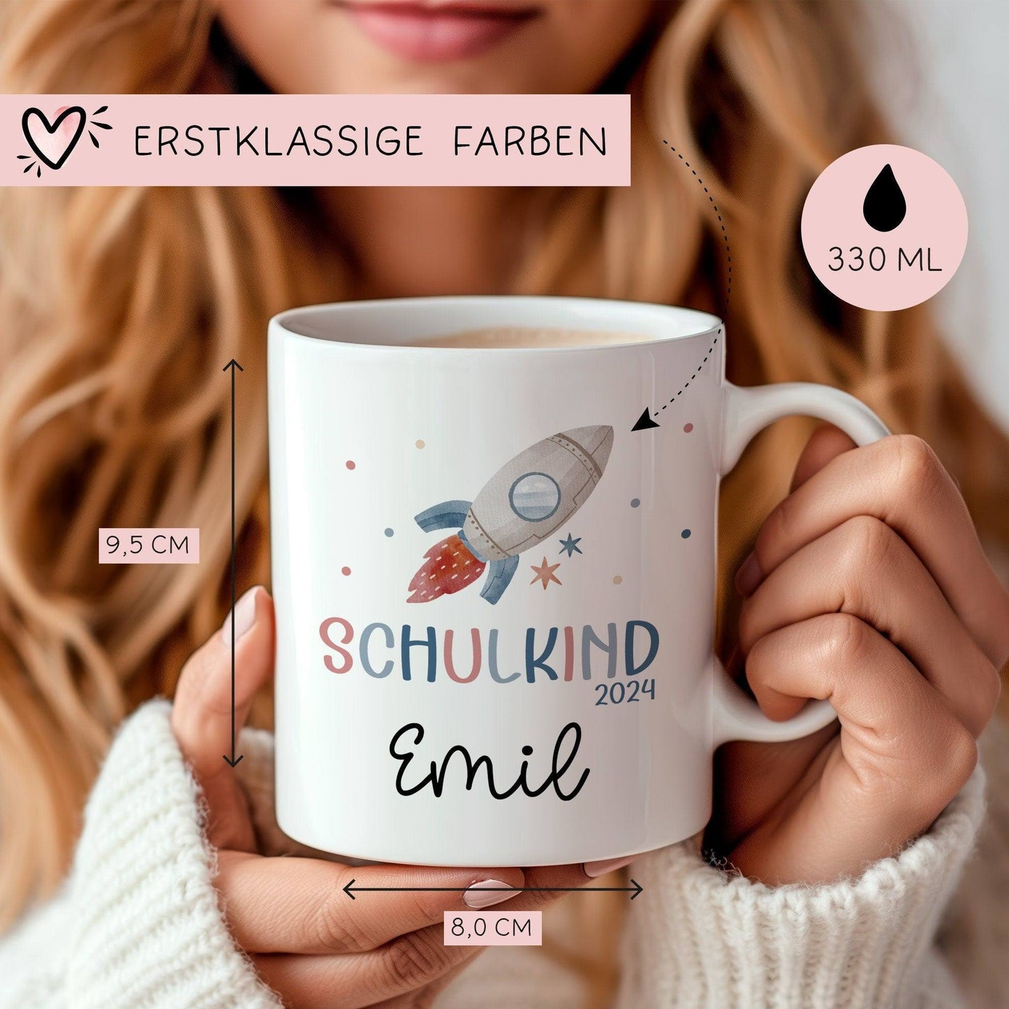 Schulkind 2024 Rakete Tasse Personalisiert mit Wunschnamen Kindertasse mit Namen zur Einschulung  kleinebuchstaben   