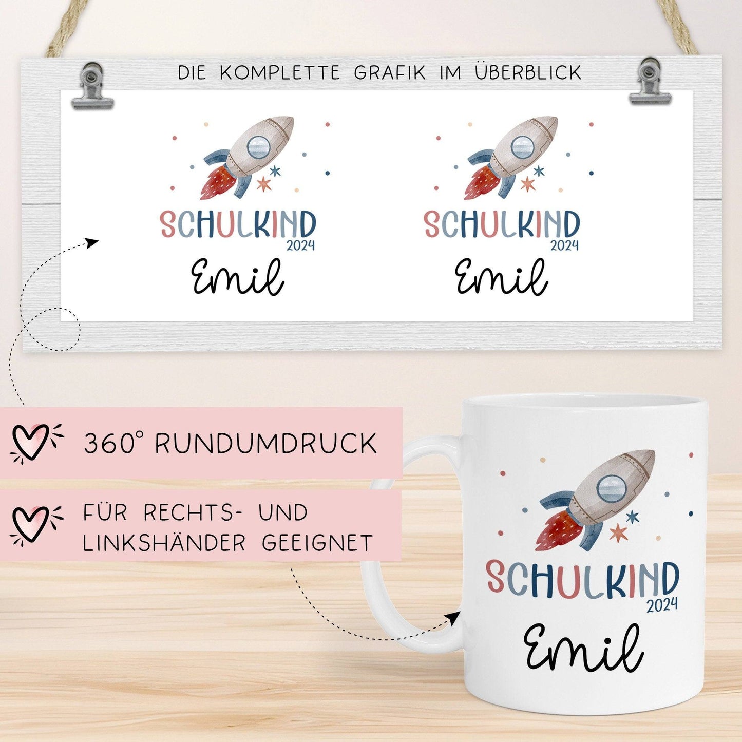 Schulkind 2024 Rakete Tasse Personalisiert mit Wunschnamen Kindertasse mit Namen zur Einschulung  kleinebuchstaben   