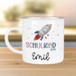 Schulkind 2024 Rakete Tasse Personalisiert mit Wunschnamen Kindertasse mit Namen zur Einschulung  kleinebuchstaben Emaille - Silber  