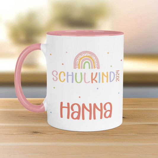 Schulkind 2024 Regenbogen Kindertasse Name Kakao Tasse Kind Kindergeschirr personalisiert Kinder Geschenk Geburtstagsgeschenk  kleinebuchstaben   
