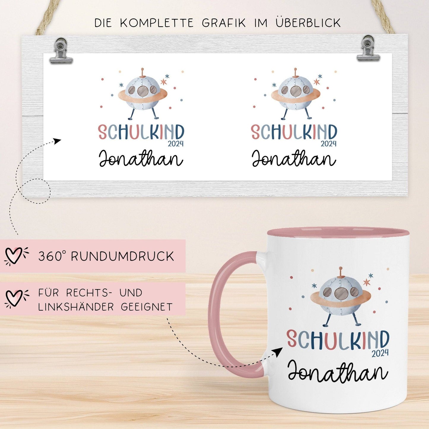 Schulkind 2024 Tasse Einschulungsgeschenk mit UFO-Weltraum-Motiv Kindertasse - personalisierte Kakao Tasse mit Namen  kleinebuchstaben   