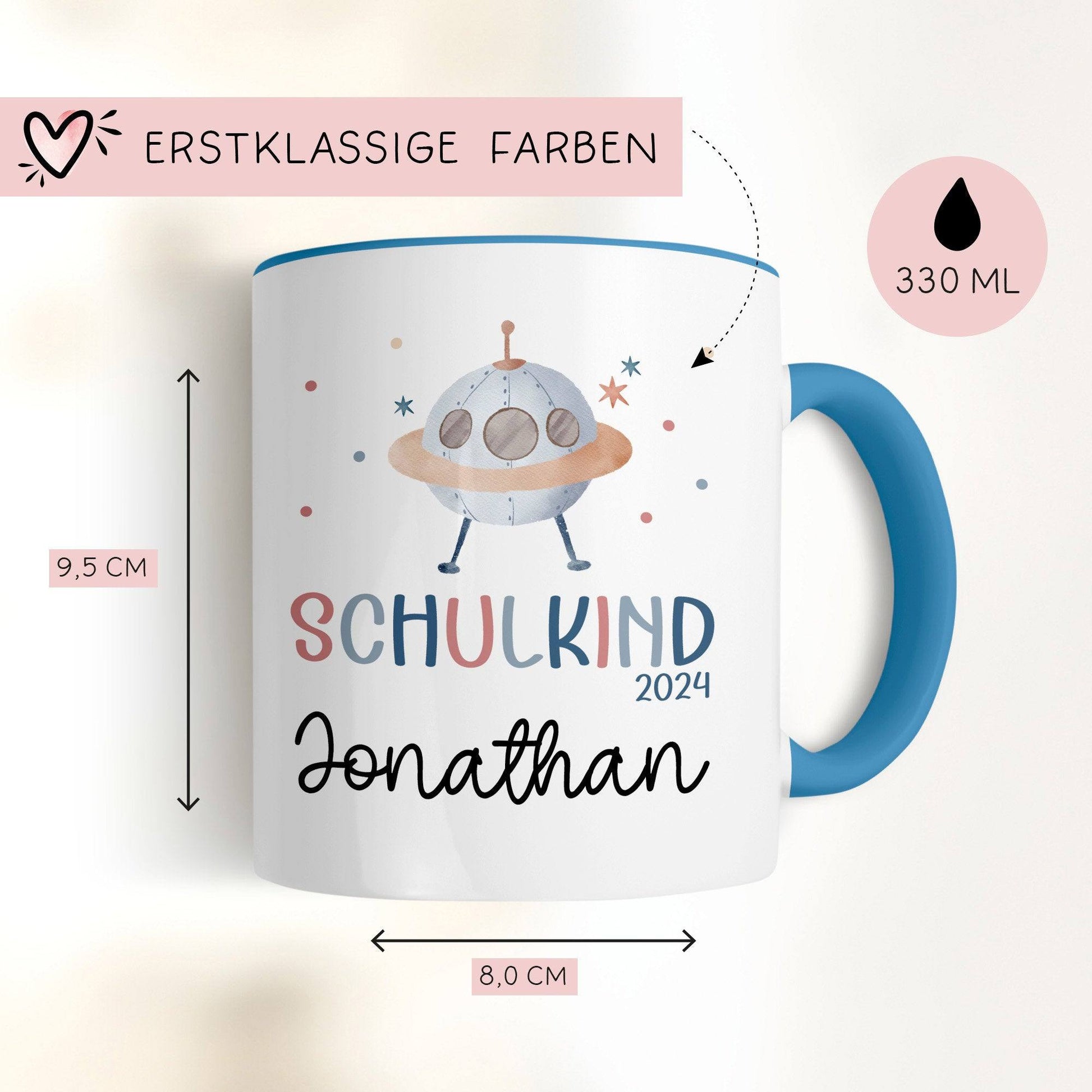 Schulkind 2024 mit UFO-Weltraum-Motiv Kindertasse - personalisierte Kakao Tasse mit Namen - ideales Einschulungsgeschenk  kleinebuchstaben   