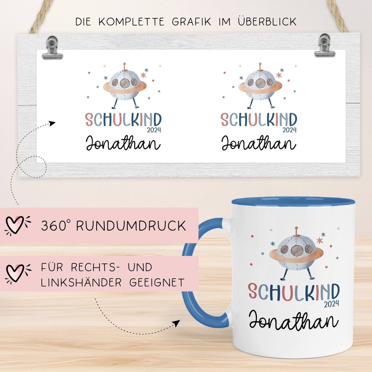 Schulkind 2024 mit UFO-Weltraum-Motiv Kindertasse - personalisierte Kakao Tasse mit Namen - ideales Einschulungsgeschenk  kleinebuchstaben   