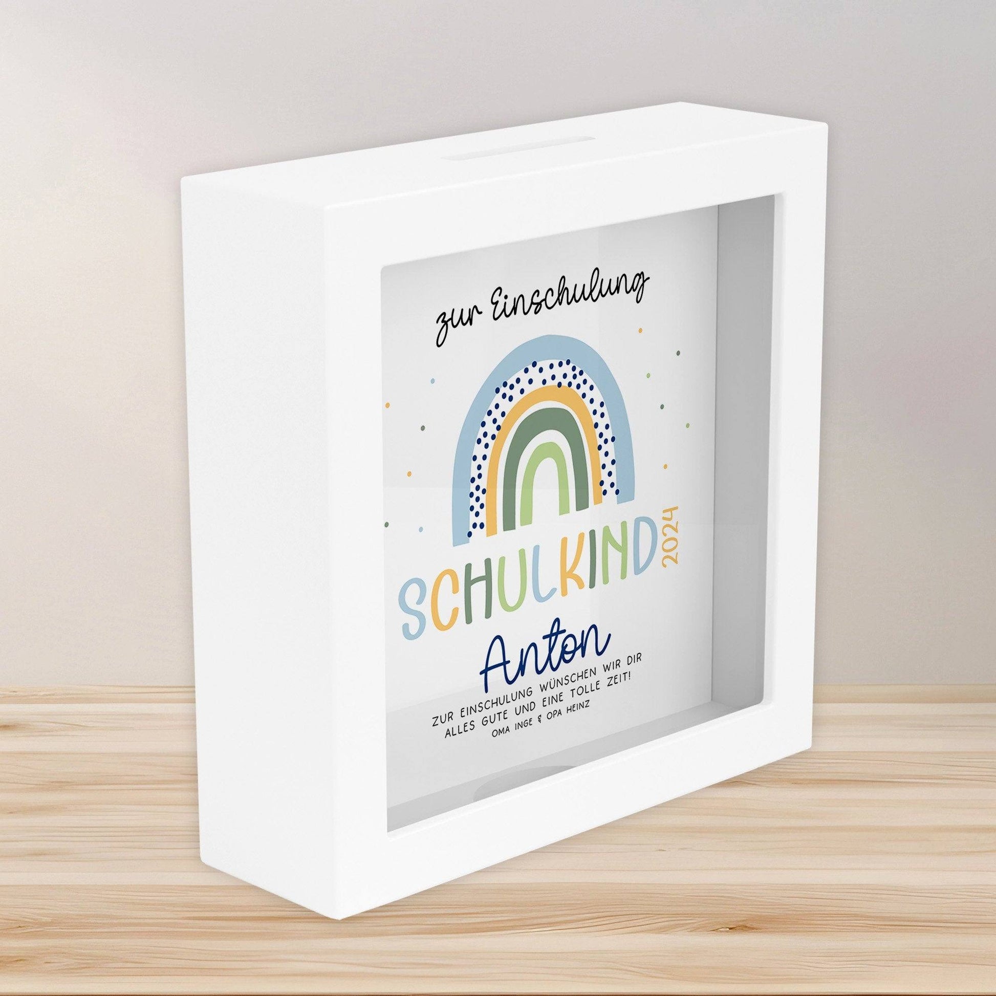 Spardose Regenbogen Blau Boho Schulkind 2024 Einschulung mit Wunschname Name Kind personalisiert Kinder mit optionalen Wunschtext  kleinebuchstaben   