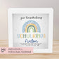 Spardose Regenbogen Blau Boho Schulkind 2024 Einschulung mit Wunschname Name Kind personalisiert Kinder mit optionalen Wunschtext  kleinebuchstaben   