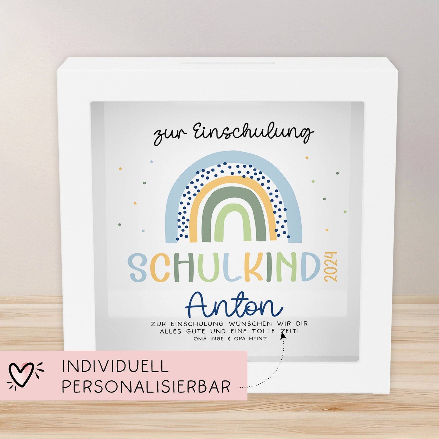 Spardose Regenbogen Blau Boho Schulkind 2024 Einschulung mit Wunschname Name Kind personalisiert Kinder mit optionalen Wunschtext  kleinebuchstaben   