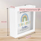 Spardose Regenbogen Blau Boho Schulkind 2024 Einschulung mit Wunschname Name Kind personalisiert Kinder mit optionalen Wunschtext  kleinebuchstaben   