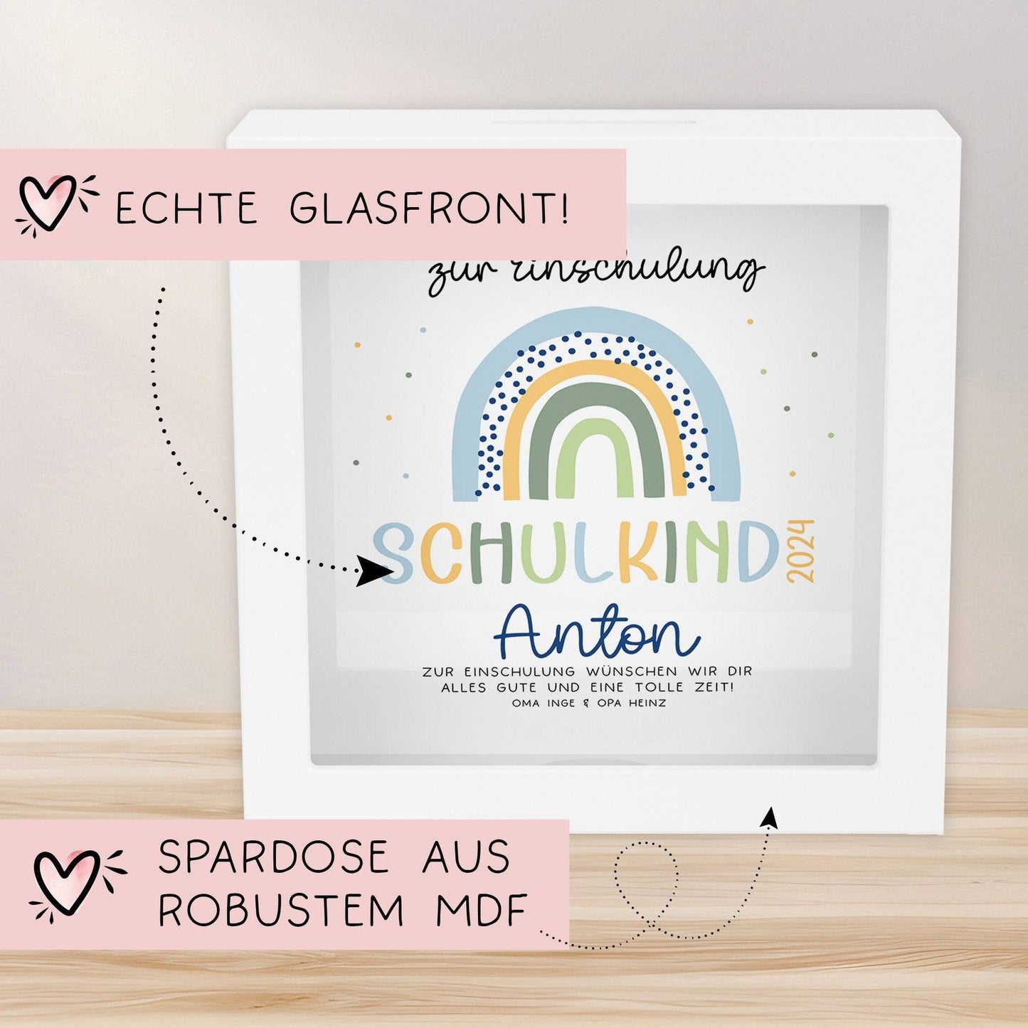 Spardose Regenbogen Blau Boho Schulkind 2024 Einschulung mit Wunschname Name Kind personalisiert Kinder mit optionalen Wunschtext  kleinebuchstaben   