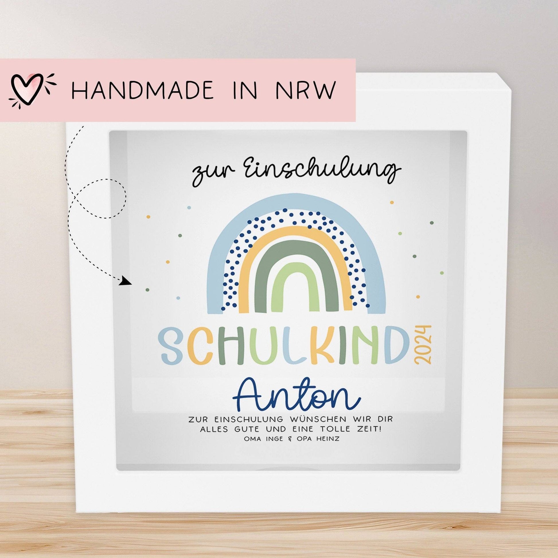 Spardose Regenbogen Blau Boho Schulkind 2024 Einschulung mit Wunschname Name Kind personalisiert Kinder mit optionalen Wunschtext  kleinebuchstaben   