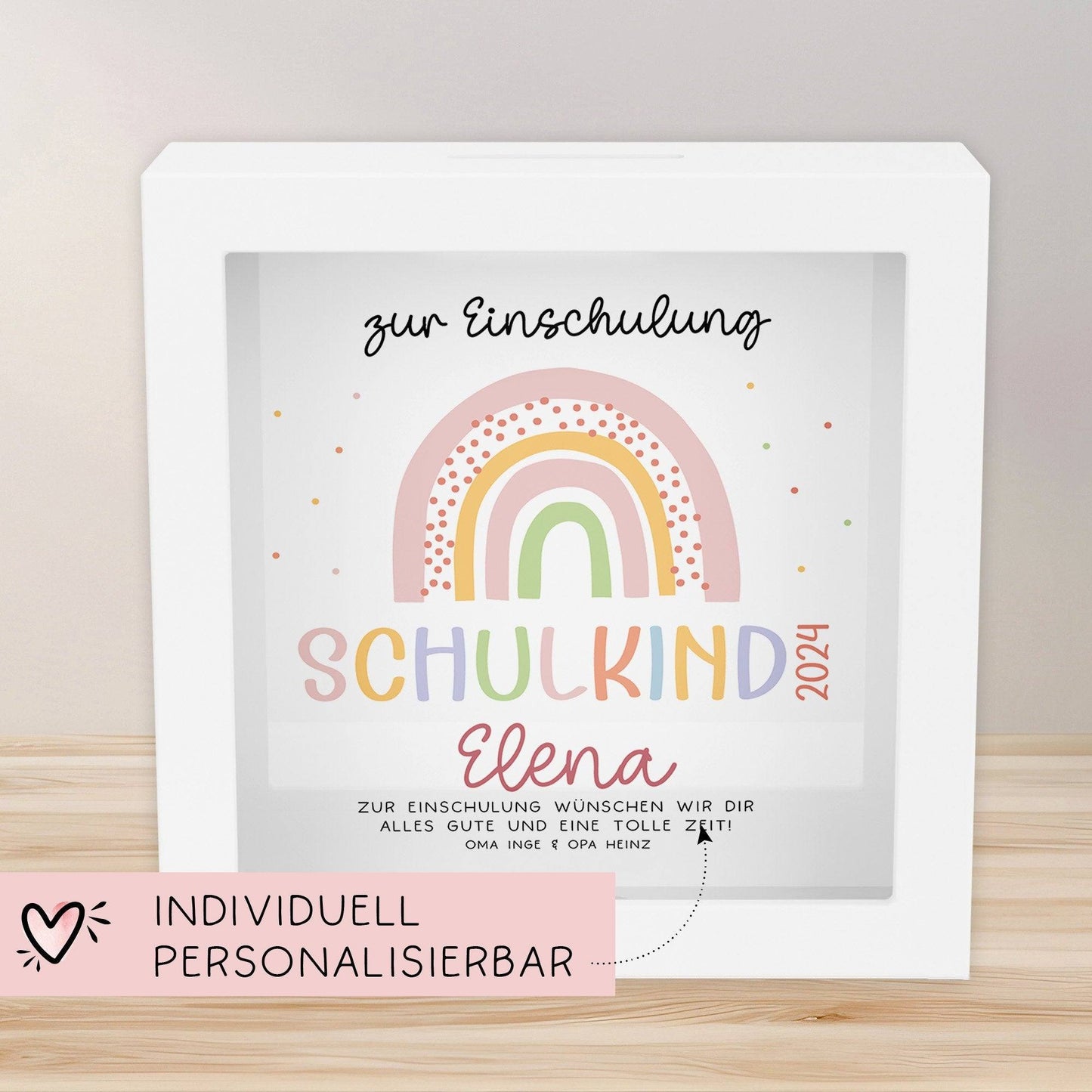 Spardose Regenbogen Rosa Boho Schulkind 2024 Einschulung mit Wunschname Name Kind personalisiert Kinder mit optionalen Wunschtext  kleinebuchstaben   