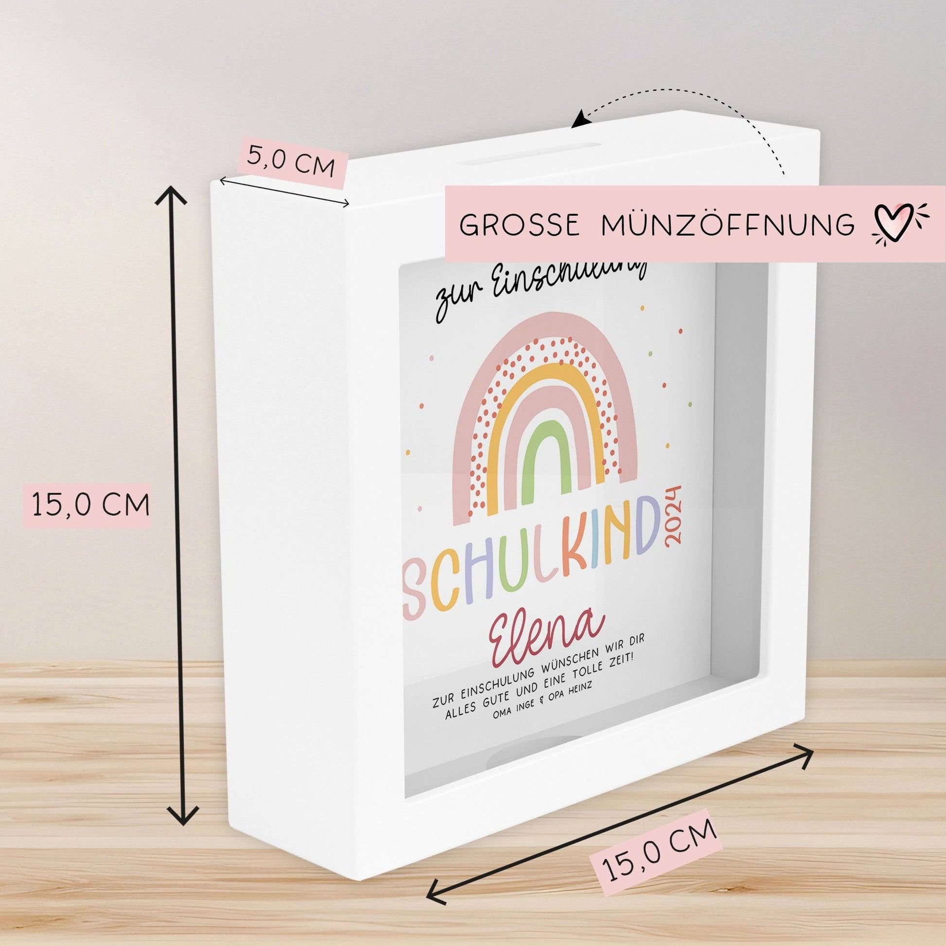 Spardose Regenbogen Rosa Boho Schulkind 2024 Einschulung mit Wunschname Name Kind personalisiert Kinder mit optionalen Wunschtext  kleinebuchstaben   