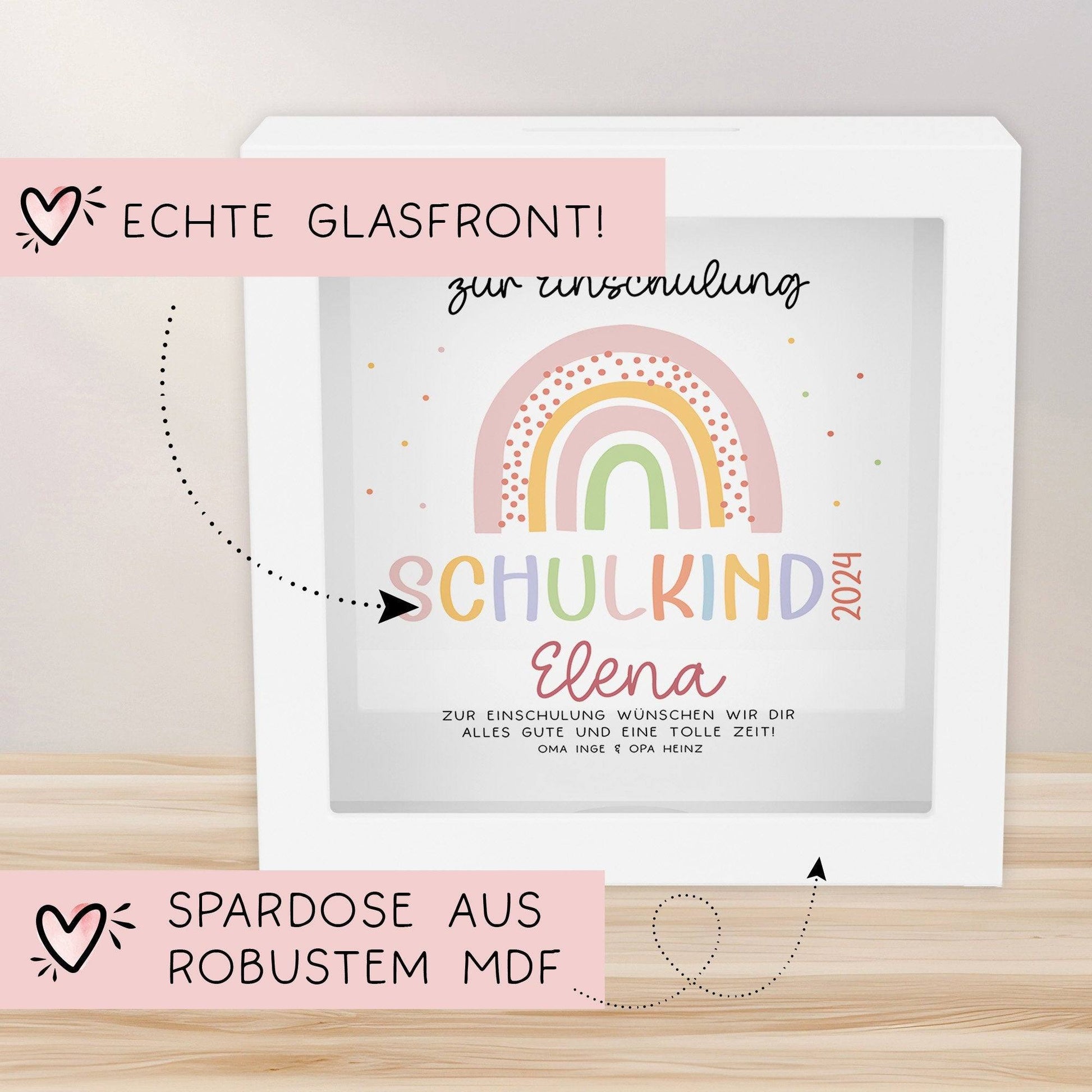 Spardose Regenbogen Rosa Boho Schulkind 2024 Einschulung mit Wunschname Name Kind personalisiert Kinder mit optionalen Wunschtext  kleinebuchstaben   