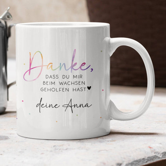 Tasse mit Wunschnamen - Danke dass du mir beim wachsen geholfen hast - Kindergarten Abschied - Tasse Erzieherin - Personalisiert - Geschenk  kleinebuchstaben Innen& Henkel - Weiß  